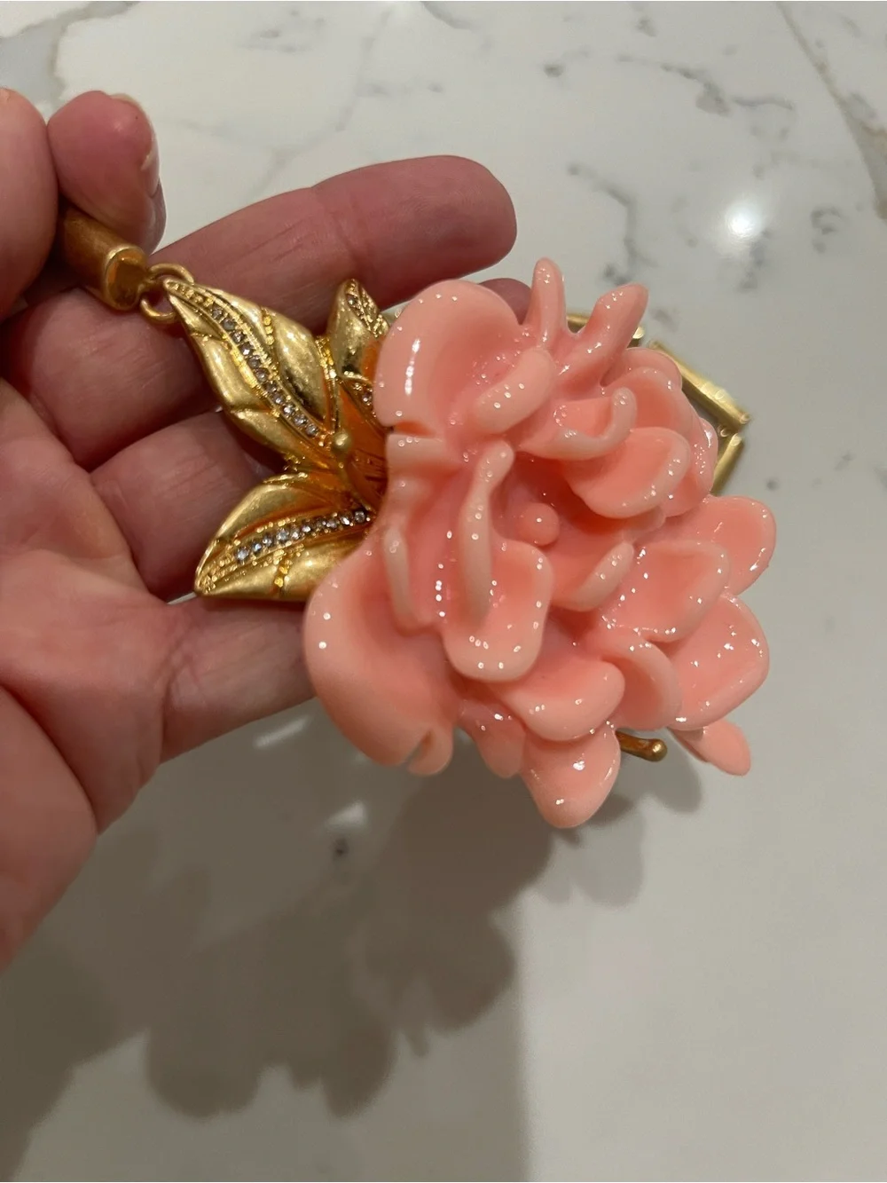 Vintage 18K Gold Plated and Pink Floral Statement Necklace and Earring Set